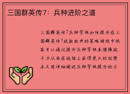 三国群英传7：兵种进阶之道